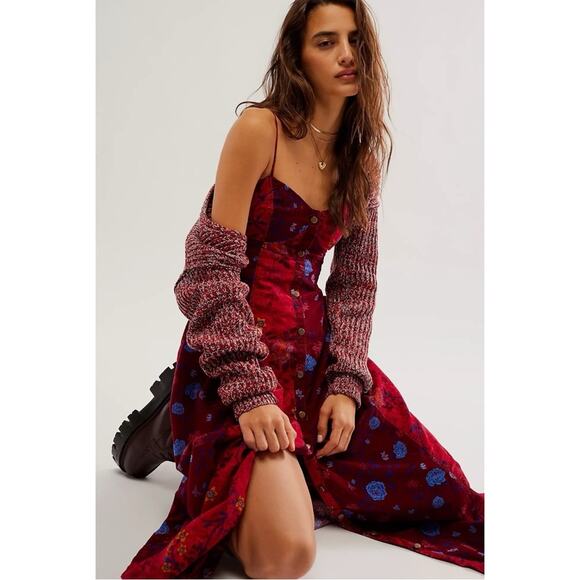 Free People Bohemian Grunge Witchy Corduroy Gail Midi Dress Scarlet Combo Medium - Picture 9 of 14